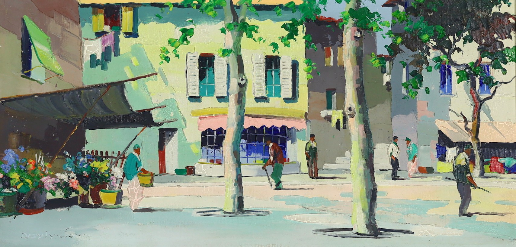 Cecil Rochfort D'Oyly John (British, 1906-1993), 'Near Flower Market in Cannes, South of France', oil on canvas, 35 x 70cm